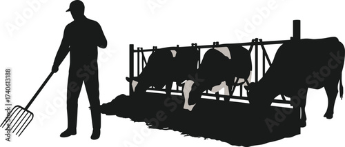 Farmer feeding cows with pitchfork, livestock silhouettes, rural agriculture scene, farm animal care, black vector illustration, village farming, cattle feeding concept