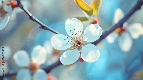 A white and green cherry blossom against a blurred blue background.