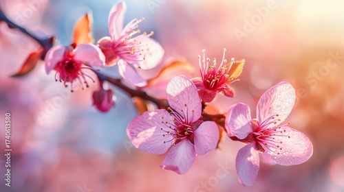 A pink cherry blossom branch with delicate petals and stamens, set against a blurred, soft-focus background.