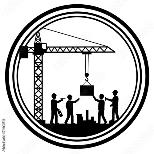 A construction site scene with a crane lifting a load, and workers assisting with the building process inside a circular frame.