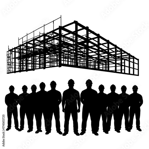 Silhouette of construction workers standing in front of a building frame, representing teamwork and the building industry's collaborative nature.