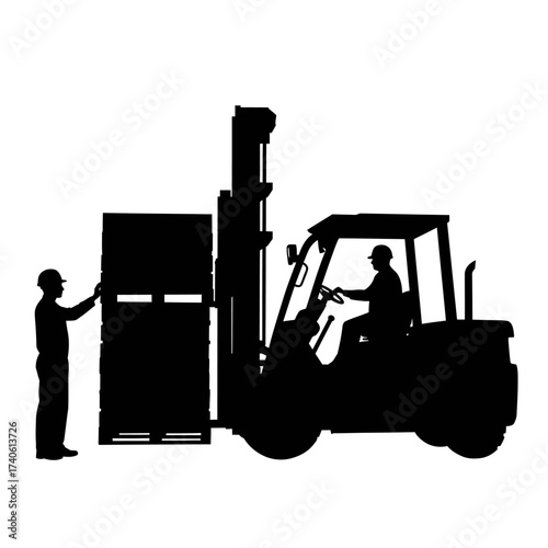 Silhouette of a forklift and worker loading a pallet of boxes, illustrating warehouse logistics and industrial operations in a monochrome scene.