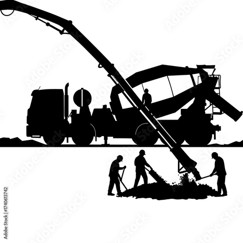A silhouette illustration depicts a concrete mixer truck with its boom extending to workers on a construction site, emphasizing teamwork and industry.
