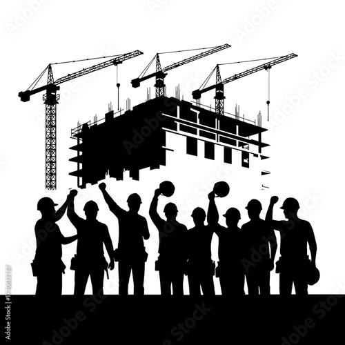 Silhouette of construction workers celebrating a successful project completion with cranes and building structure in the background.