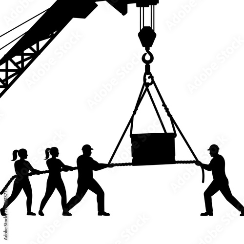 Silhouette of construction workers using ropes to lift a heavy container suspended from a crane, showcasing teamwork and industrial labor.