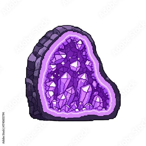 Pixel art illustration of a purple crystal geode with a glowing edge on a white background