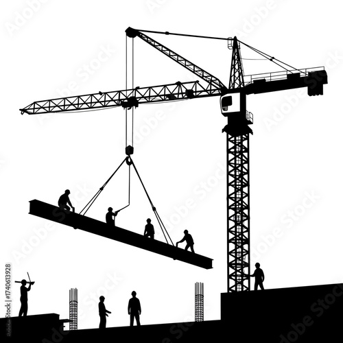 Silhouette of construction workers and a crane lifting a steel beam, symbolizing teamwork and building progress on a white background.