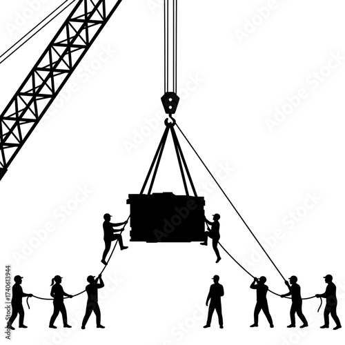 Silhouette of construction workers coordinating efforts to lift a heavy container with a crane against a plain white background.