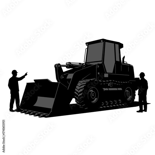 Silhouette of a construction worker pointing at a heavy-duty loader, showcasing industrial machinery and labor on a white backdrop.