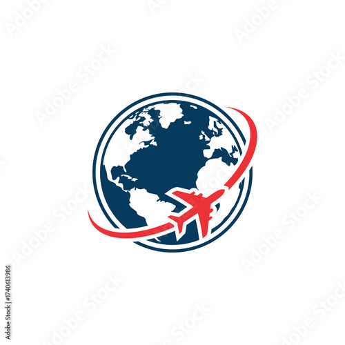 A stylized logo featuring a globe with a red airplane circling it.