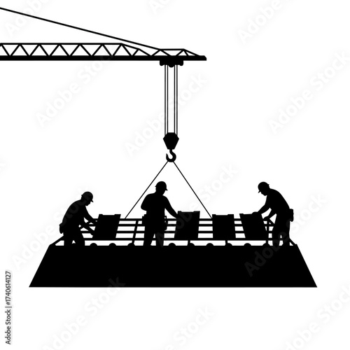 Silhouette of construction workers and a crane working together to lift a heavy load at a construction site, isolated on white.