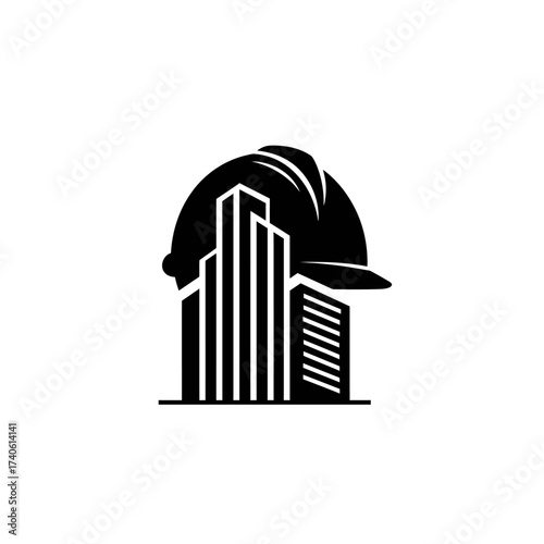 A modern construction logo featuring a hard hat atop stylized skyscrapers, representing building and architectural design concepts.
