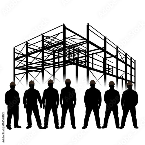 Silhouette of construction workers standing in front of a steel framework, symbolizing teamwork and building progress on a white background.