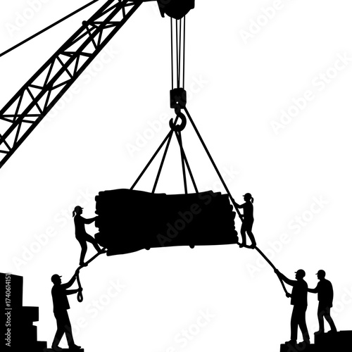 Silhouette of construction workers carefully maneuvering a load of lumber with a crane, highlighting teamwork and industrial activity against a white backdrop.