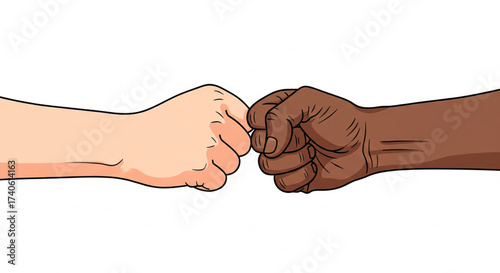 Two fists, one light-skinned and one dark-skinned, bumping together in a gesture of unity and agreement.