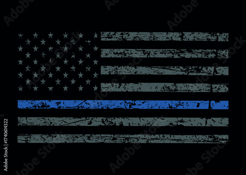 Thin Blue Line Flag. Distressed flag Thin Blue Line American Flag Vector. Police Support Symbol Flag.