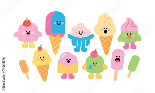 colorful hand drawn ice cream mascot vector illustration with cartoon faces