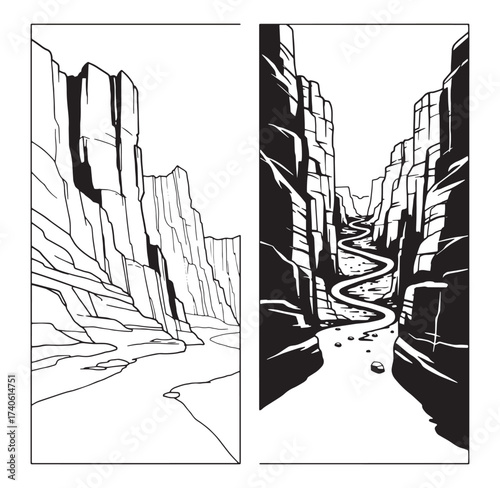 Artistic illustration of a deep canyon and river landscape in a bold black and white style