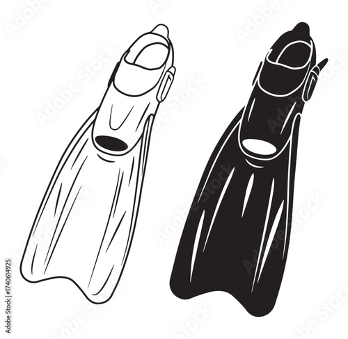 Black and white illustration of two snorkeling or scuba diving flippers against a white background