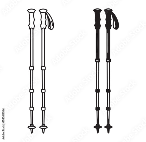 Black and white line art illustrations of hiking poles for outdoor adventures and trails