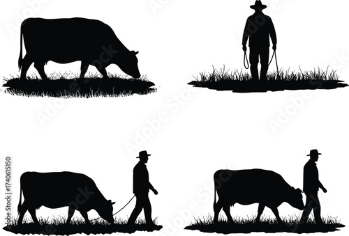 Farmer leading cow with rope, livestock silhouettes, rural agriculture scene, farm animal care, black vector illustration, village farming, pastoral design