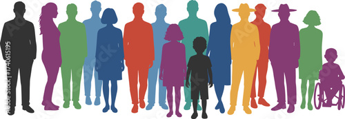 Colorful human silhouettes in line formation, representing age, gender, and ability diversity, abstract community unity and inclusion theme on white background