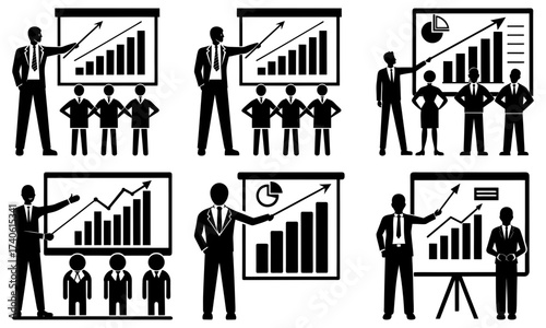 Business presentation scenes with presenters and graphs in black and white style