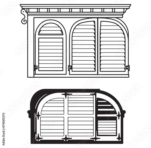 Detailed black and white architectural vector illustrations of classic arched window designs