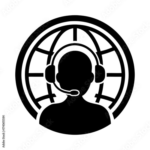 Silhouette of person with headset in front of globe network communication icon