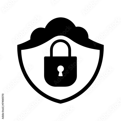 Black and white graphic of a padlock inside a shield topped with a cloud shape