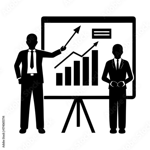 Silhouette of a man presenting a graph with another man standing nearby it