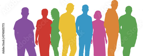 Colorful human silhouettes in row formation, abstract diversity illustration, inclusive community concept, symbolic unity and equality theme on white background