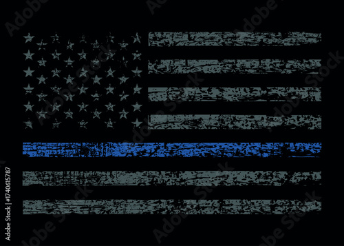 Thin Blue Line Flag. Distressed flag Thin Blue Line American Flag Vector. Police Support Symbol Flag.