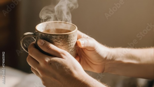Hands holding a steaming ceramic mug, close-up shot.