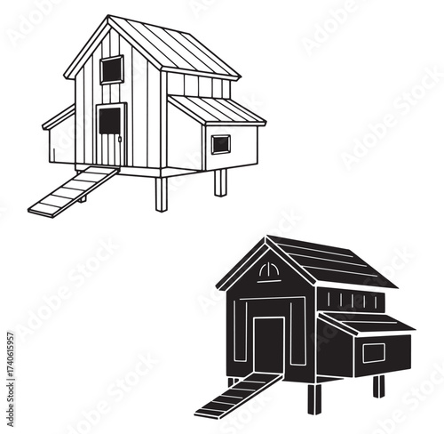 Hand drawn illustration of chicken coops in two different black and white design styles