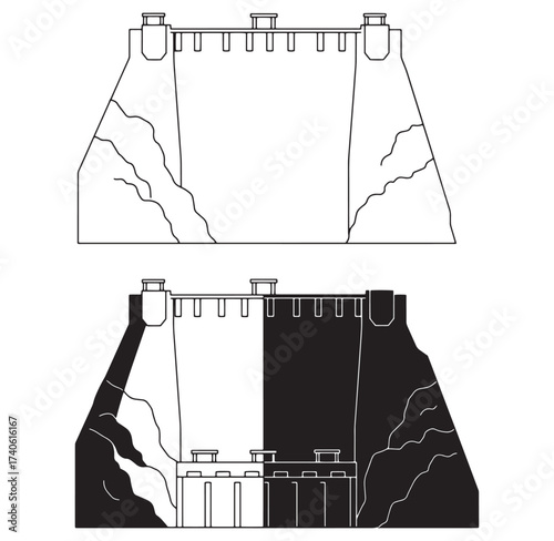 Outline illustration of a hydroelectric dam on rocky terrain in two different styles