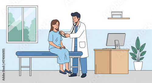 A doctor examines a female patient in a medical office setting, listening to her chest.
