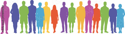 Colorful human silhouettes standing side by side, abstract diversity illustration, inclusive community concept, symbolic unity and equality theme on white background