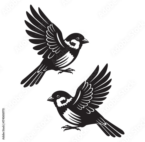 Two silhouetted sparrows in flight vector illustration ideal for nature related designs