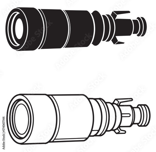 Vector illustration of a telescope showing the interior and exterior in black and white