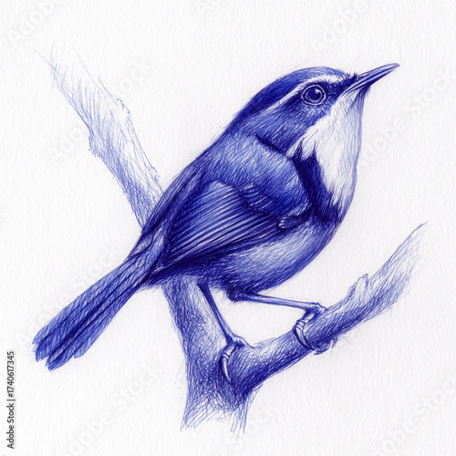 Wallpaper Mural ballpoint pen sketch of a bird on a tree limb, isolated on white. Torontodigital.ca