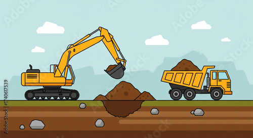 Illustration of an excavator digging soil and loading it into a dump truck at a construction site.