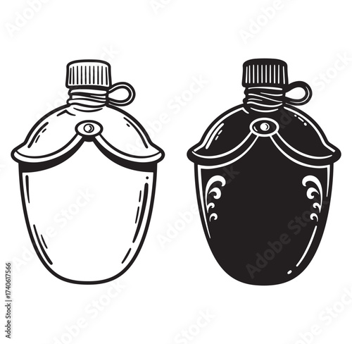 Vector illustration of vintage canteen design isolated against a white background in two contrasting styles.