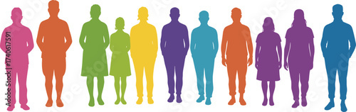 Gradient-colored human silhouettes in row formation, abstract diversity illustration, inclusive community concept, symbolic unity and equality theme on white background
