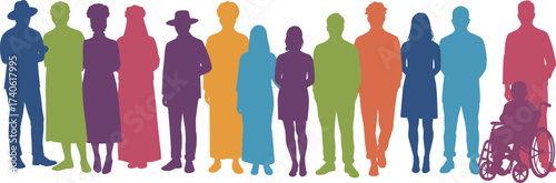 Inclusive human silhouettes in vibrant colors, representing age, gender, ability, and diversity, abstract community unity and equality theme on white background