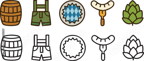Collection of Oktoberfest icons including barrel lederhosen and sausage.