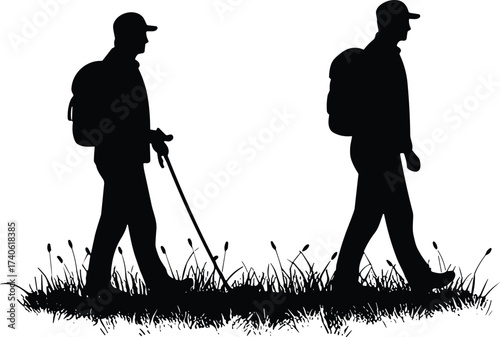 Two people with backpacks using metal detector, silhouette illustration, rural outdoor scene, black vector artwork, treasure hunting, exploration, adventure design