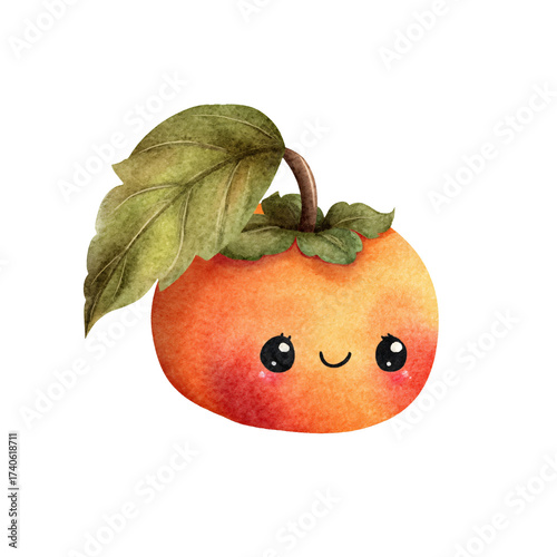 Charming persimmon cartoon character in watercolor, radiating sweetness with a transparent finish