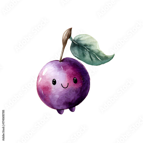 A charming, watercolor-style plum character with a sweet smile and cute features stands out.