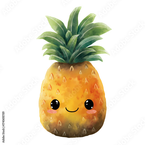 A Cute Cartoon Pineapple Fruit With A Sweet Face Rendered In A Watercolor Painting Style